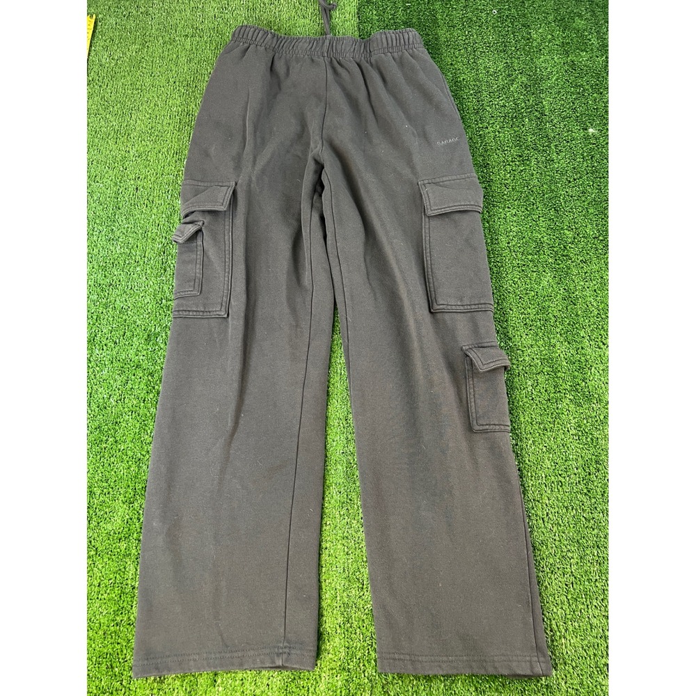 Garage Mens Baggy Cargo Sweatpants Charcoal Black Fleece Wide Leg Small